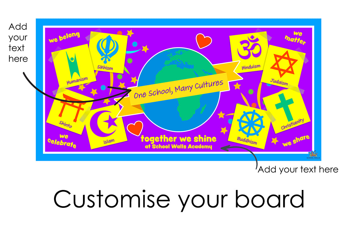 Diversity and religion learning board for primary schools showing world faith symbols and the message ‘One School, Many Cultures’, ideal for RE and PSHE displays.