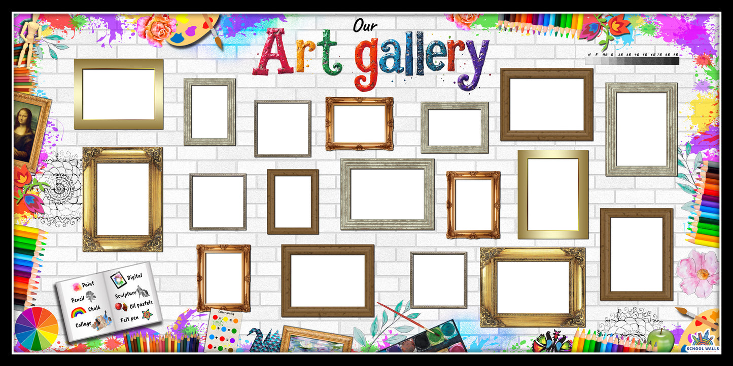 Art gallery vinyl display featuring empty picture frames for showcasing student artwork, designed for primary school art areas.