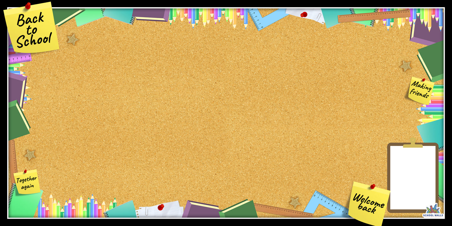 Back to School vinyl display with a corkboard-style background, sticky notes and space for class information or student work.