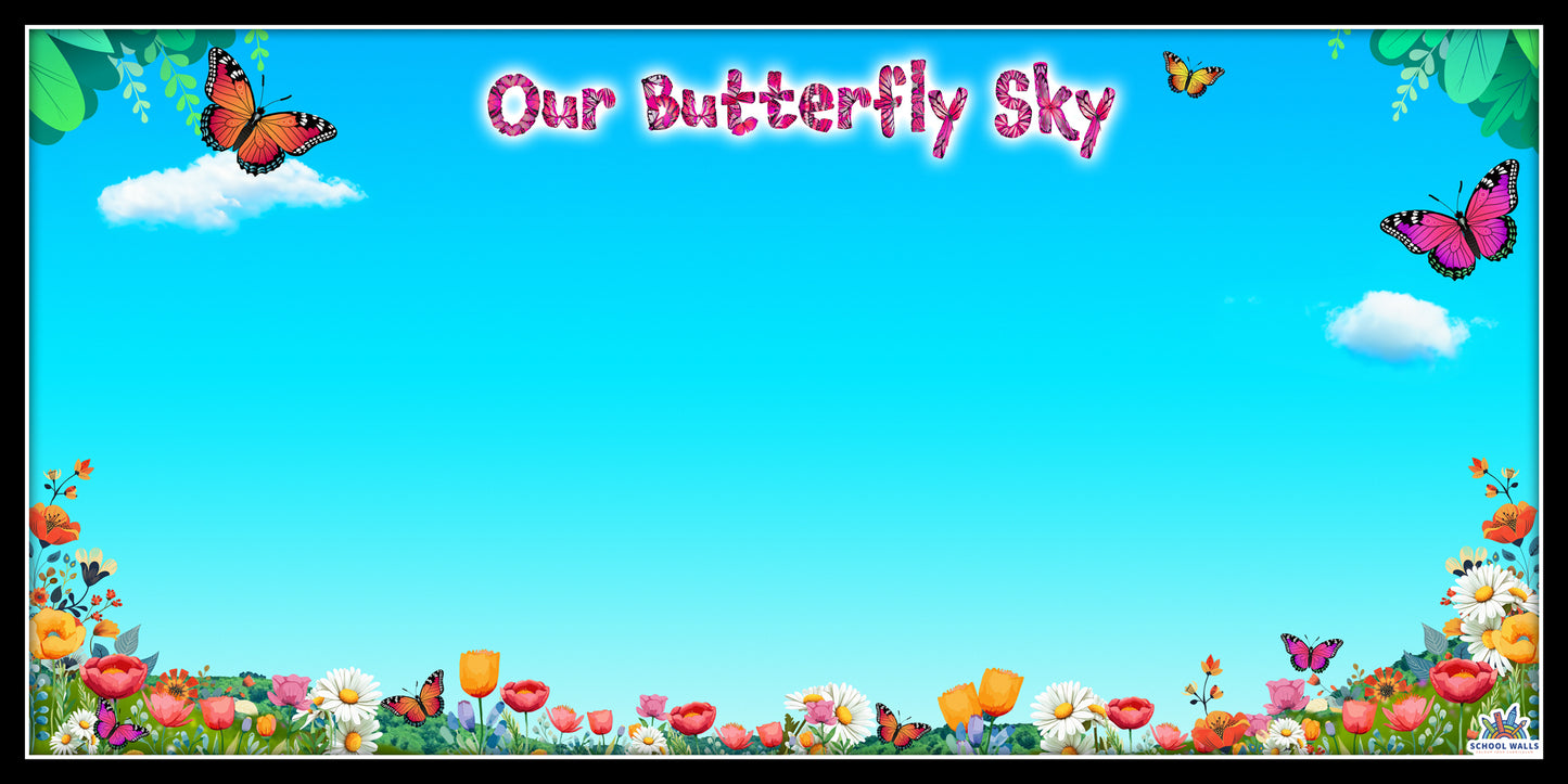 Nature-themed vinyl display with butterflies, flowers and a sky background, perfect for EYFS and primary classroom walls.