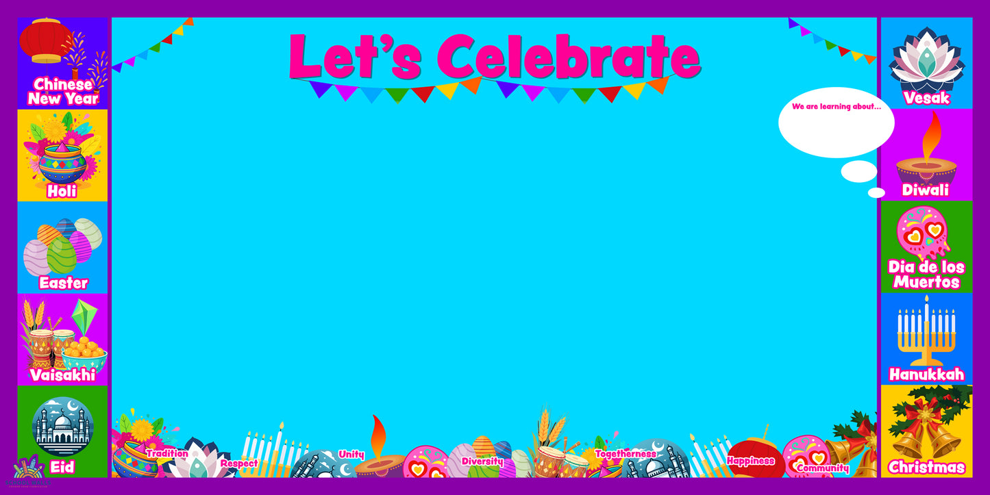 Festival and celebration-themed vinyl display for primary classrooms featuring world festivals and a bright space for student work.