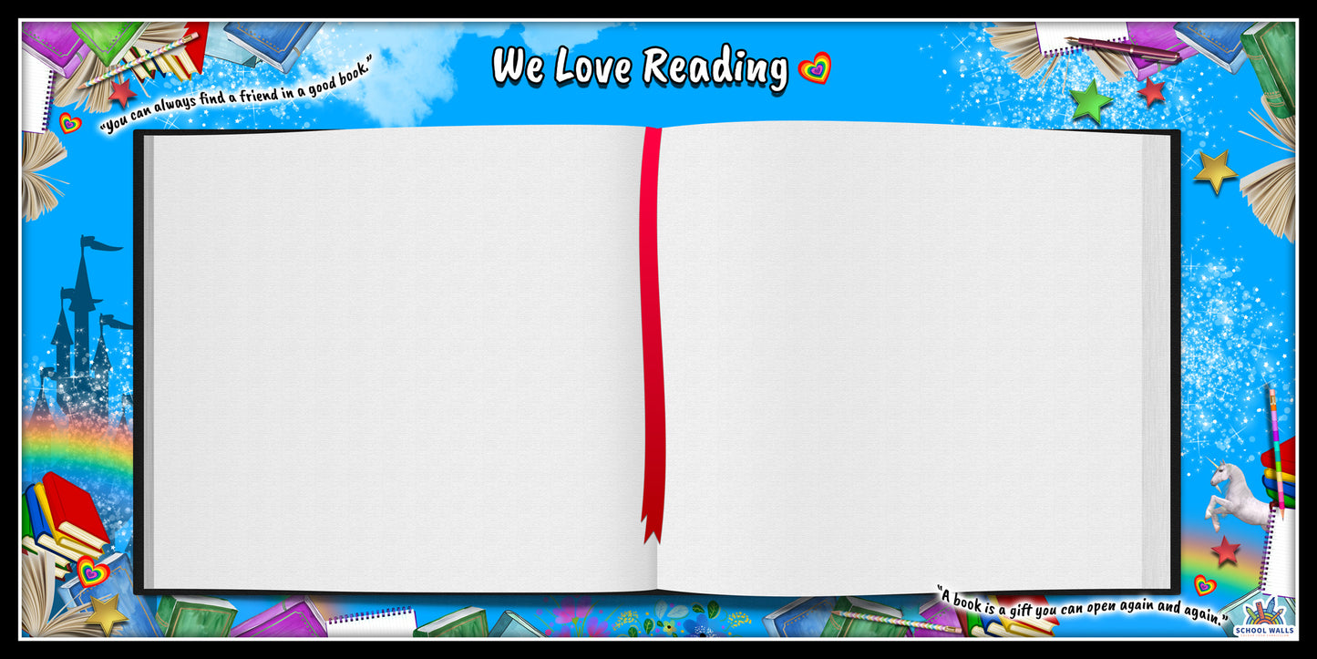Reading-themed classroom vinyl display with an open book frame and colourful decorations, ideal for primary school reading corners.