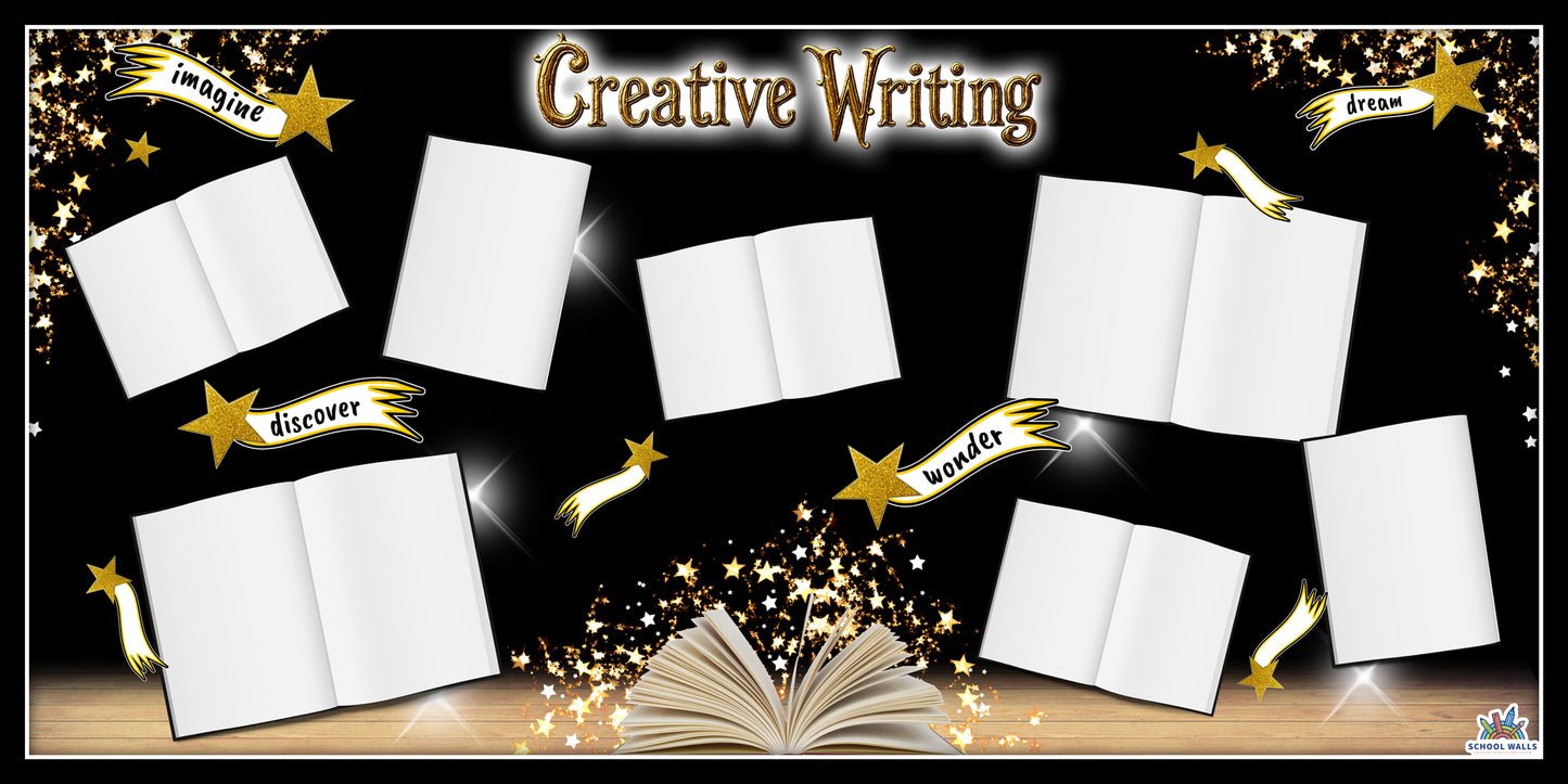 Classroom display for creative writing with open books to add children's work.