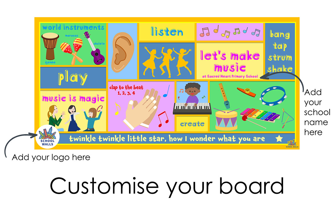 Early Years music learning board featuring musical instruments, listening skills and action words, ideal for primary classroom music curriculum displays.