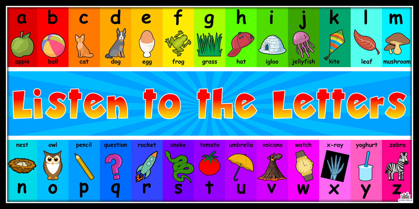 Listen to the Letters is a colourful, engaging board designed to support early language and phonics development in EYFS classrooms. Featuring the full alphabet, each letter is paired with a fun, clear image to help children make connections between sounds and words.