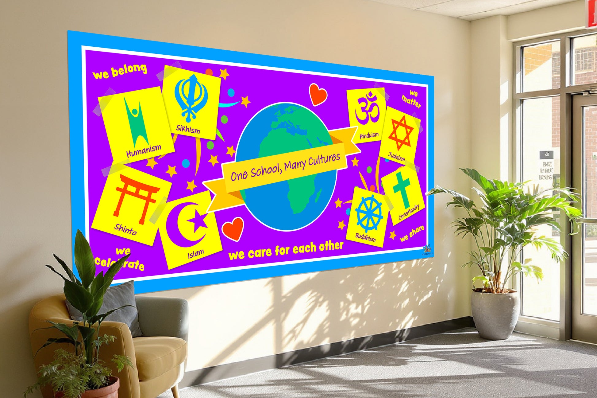 Diversity and religion learning board for primary schools showing world faith symbols and the message ‘One School, Many Cultures’, ideal for RE and PSHE displays.