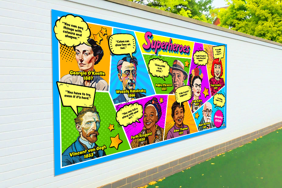 Colorful primary school display board of famous artists.