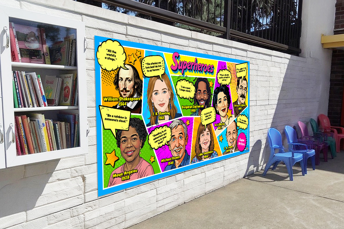 Famous writers shown as superheroes with inspirational quotes and literary achievements. Celebrates authors and inspires KS1 and KS2 literacy and English lessons.