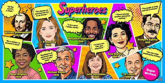 Comic-style KS2 learning board with inspirational writers shown as superheroes, with colourful portraits and motivational speech bubbles.