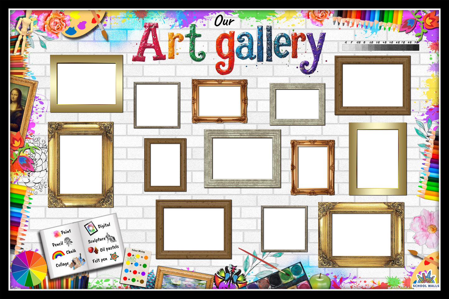 Art gallery vinyl display featuring empty picture frames for showcasing student artwork, designed for primary school art areas.