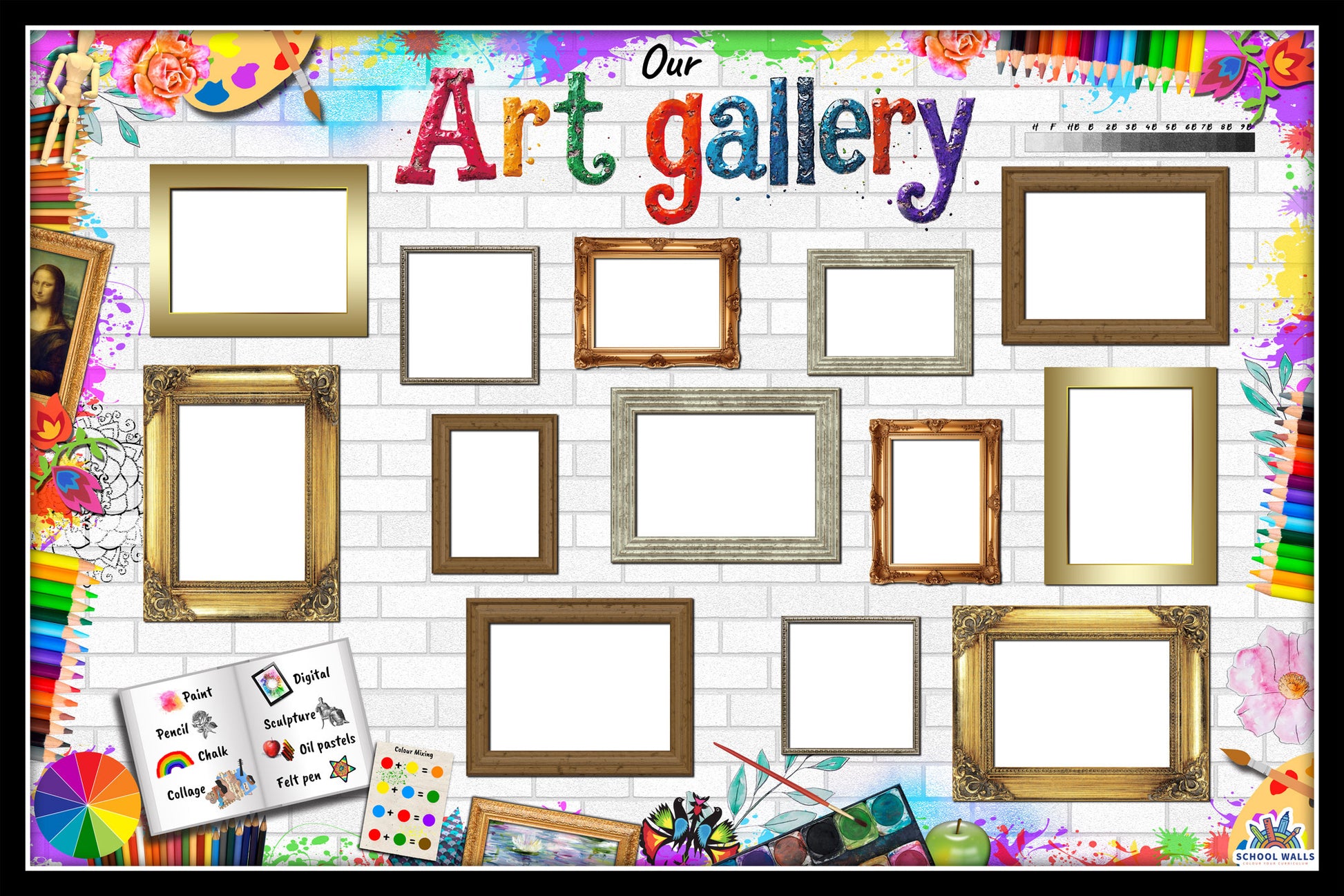 Art gallery vinyl display featuring empty picture frames for showcasing student artwork, designed for primary school art areas.