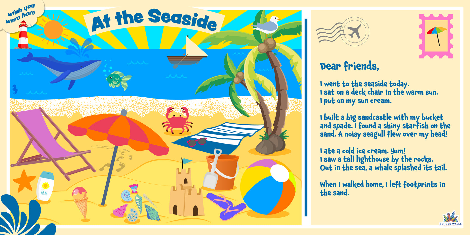 Seaside-themed learning board showing a beach scene with sea creatures, sandcastles and a short descriptive post card for children.