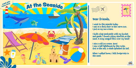 Seaside-themed learning board showing a beach scene with sea creatures, sandcastles and a short descriptive post card for children.