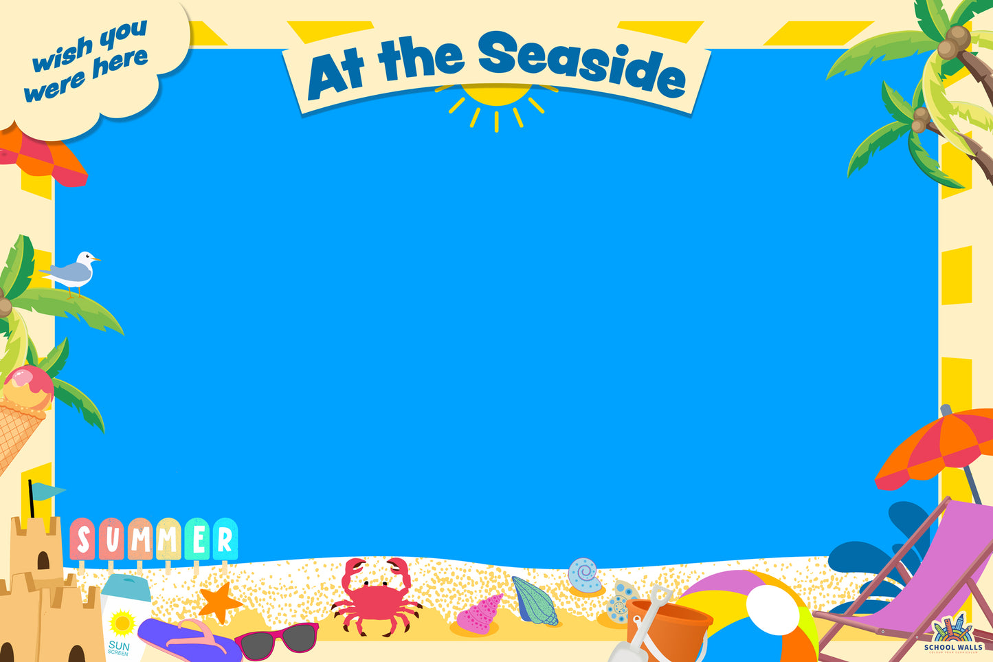 Seaside-themed vinyl display with beach illustrations, sea creatures and a large blank area for student work, suitable for summer or geography topics.