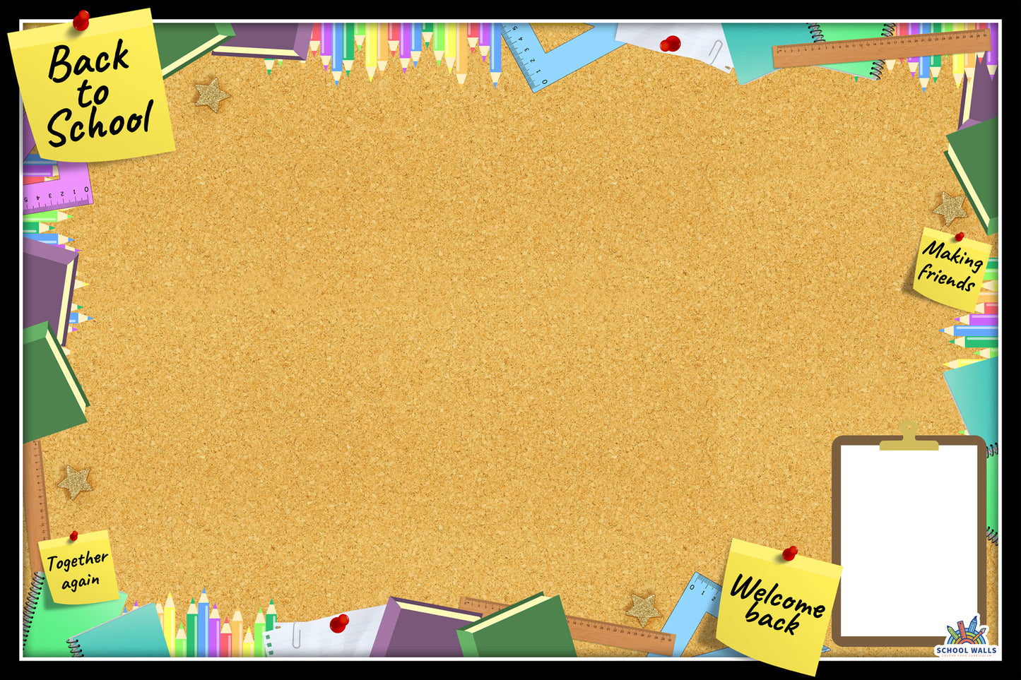 Back to School vinyl display with a corkboard-style background, sticky notes and space for class information or student work.