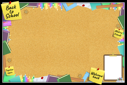 Back to School vinyl display with a corkboard-style background, sticky notes and space for class information or student work.