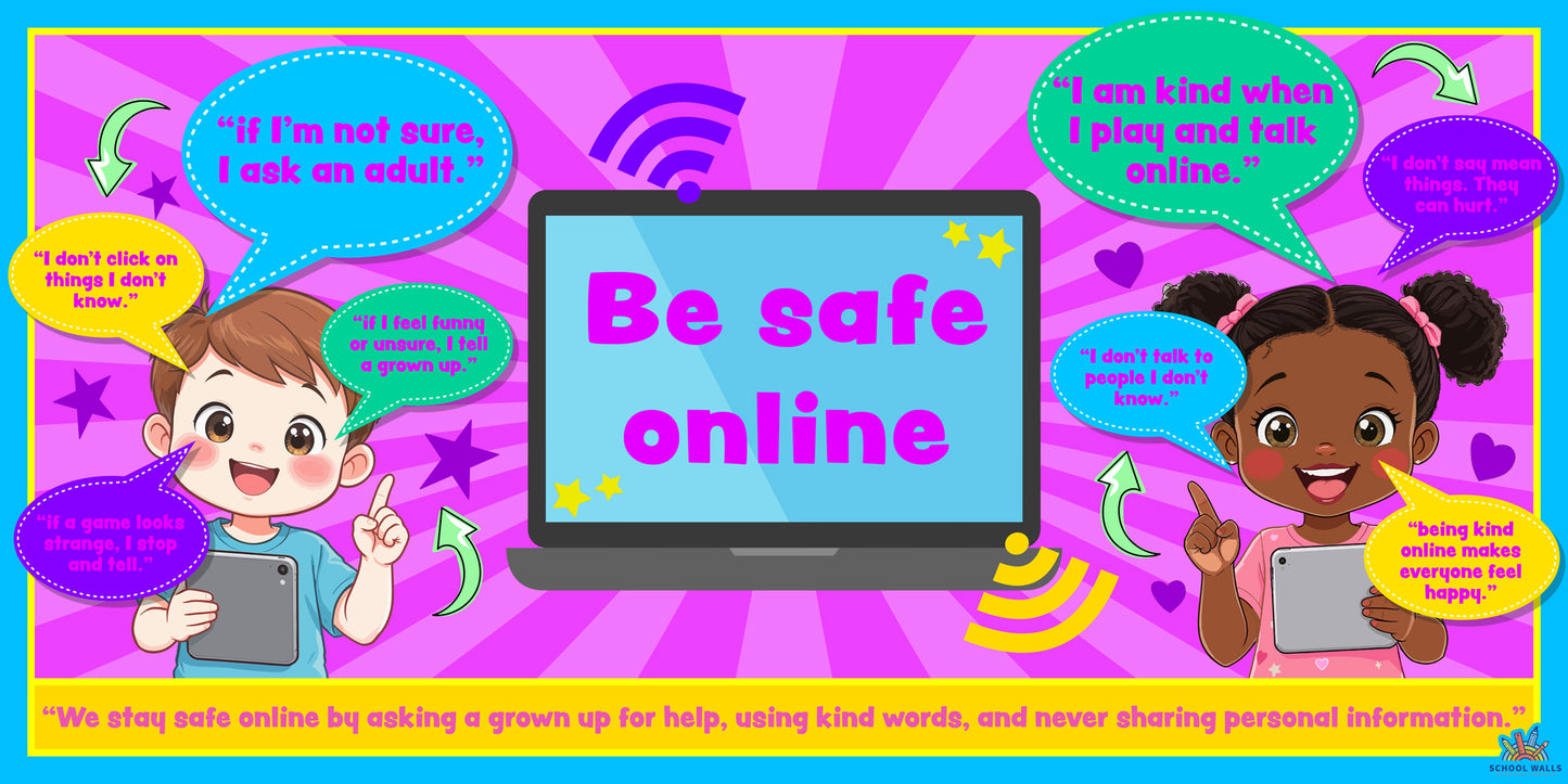 Our EYFS E-Safety Learning Board is a clear and engaging resource that helps young children learn how to stay safe when using technology. Aligned with the EYFS curriculum, it supports communication and language, understanding the world, and personal, social and emotional development by introducing simple rules for safe online behaviour.