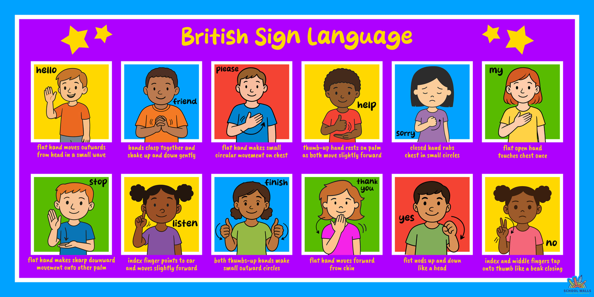 Educational learning board teaching British Sign Language with colourful illustrations of children signing.