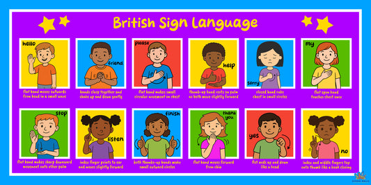 Educational learning board teaching British Sign Language with colourful illustrations of children signing.