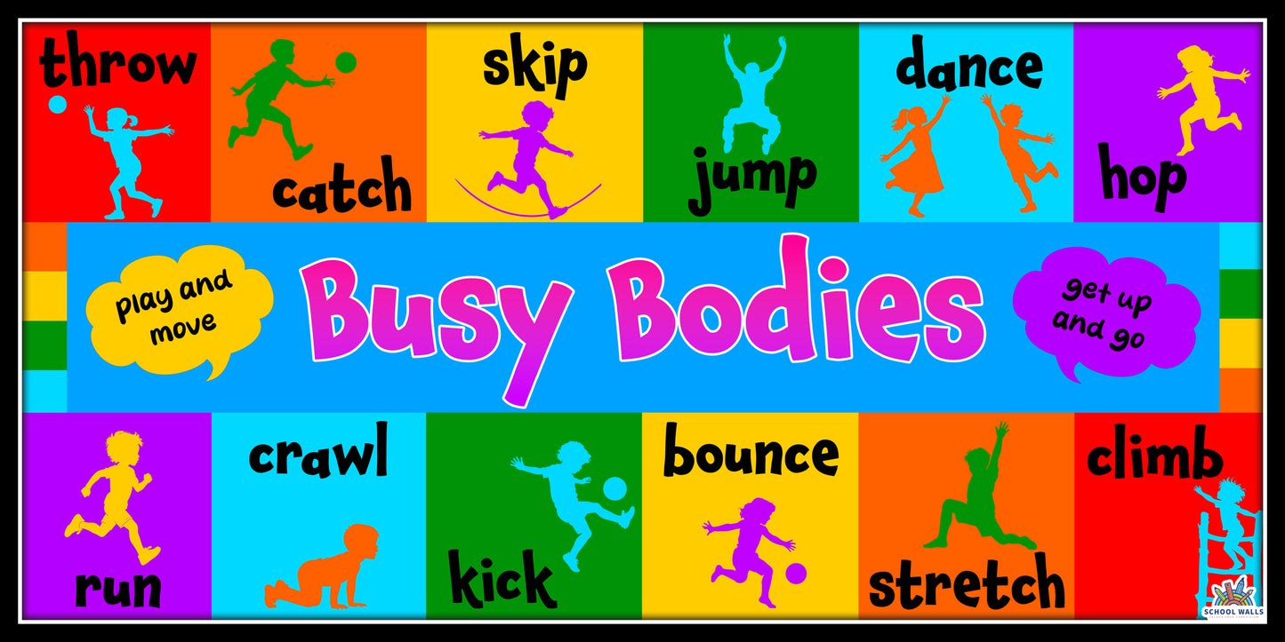 Colourful physical activity learning board for EYFS and KS1 showing action words like run, jump, skip, dance and illustrated children moving.