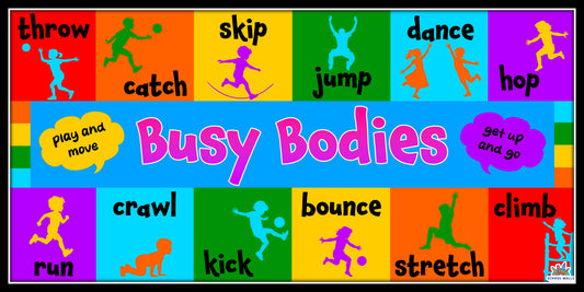 Colourful physical activity learning board for EYFS and KS1 showing action words like run, jump, skip, dance and illustrated children moving.