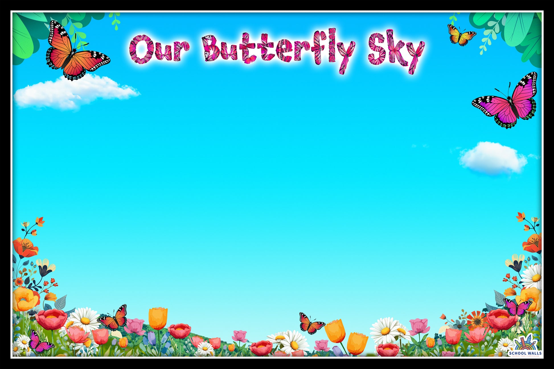 Nature-themed vinyl display with butterflies, flowers and a sky background, perfect for EYFS and primary classroom walls.