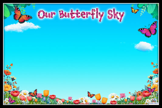 Nature-themed vinyl display with butterflies, flowers and a sky background, perfect for EYFS and primary classroom walls.
