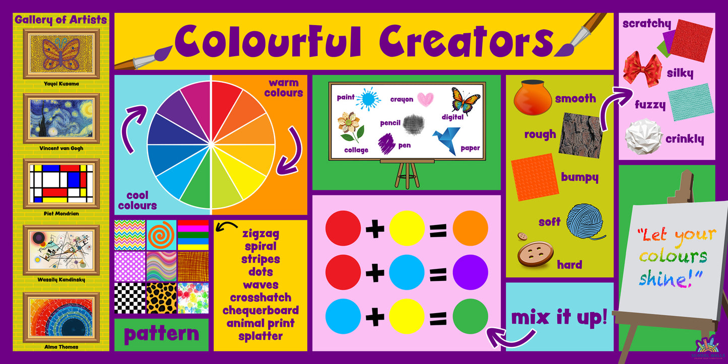 Art and colour theory learning board for primary schools showing colour mixing, textures and patterns, ideal for EYFS and KS1 creative curriculum displays.