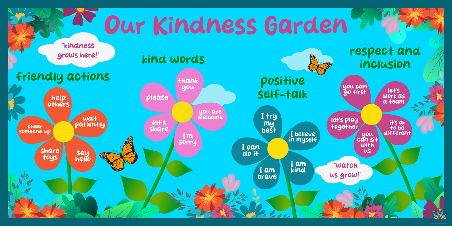 Kindness-themed display with flowers showing kind words, friendly actions and positive self-talk, set in a garden design.