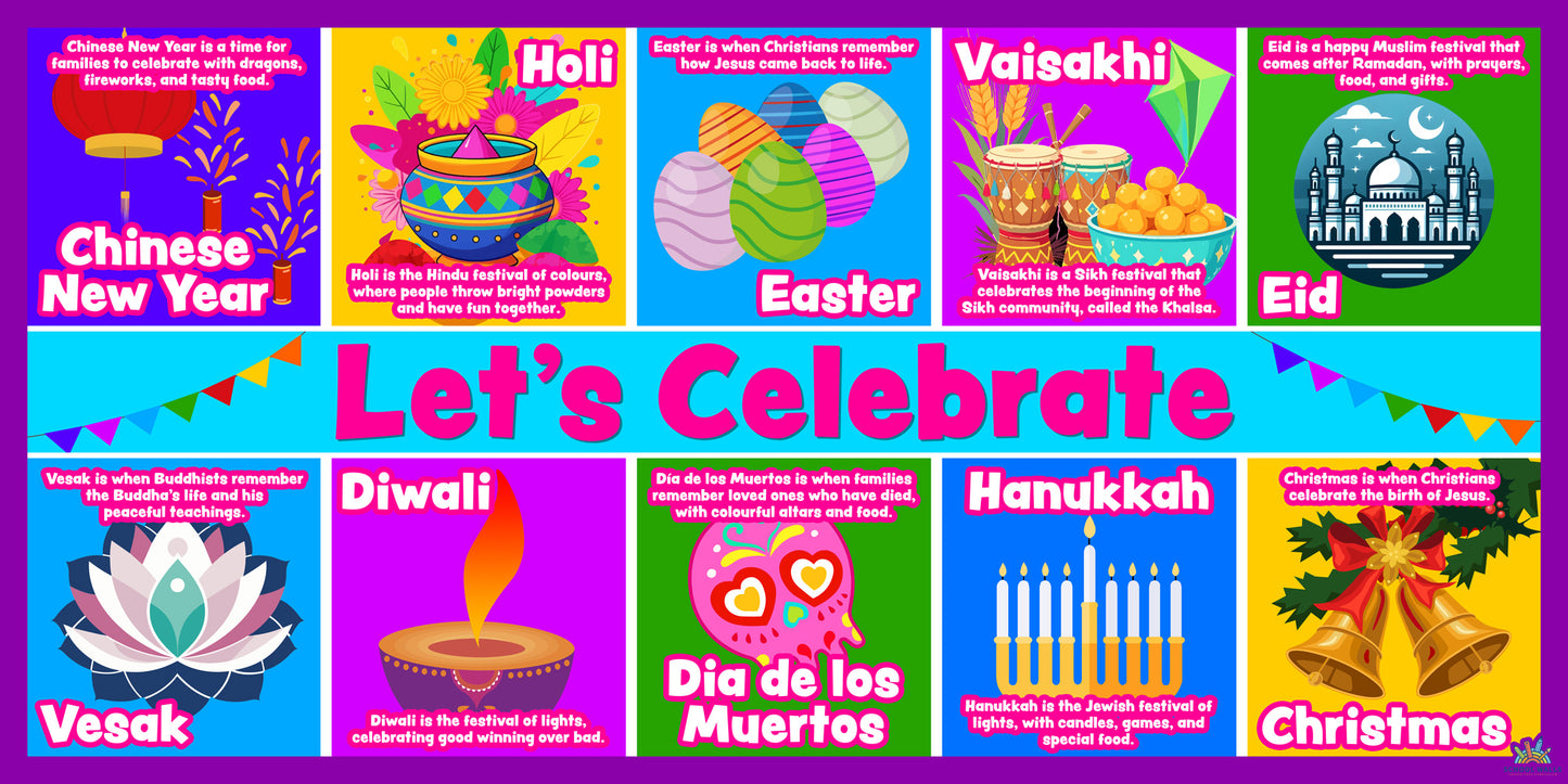 Colourful learning board showing world festivals and celebrations with illustrations of cultural symbols and traditions.