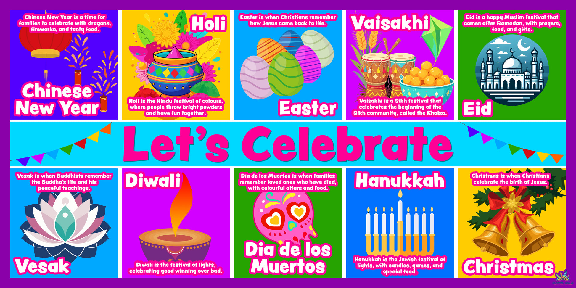 Colourful learning board showing world festivals and celebrations with illustrations of cultural symbols and traditions.