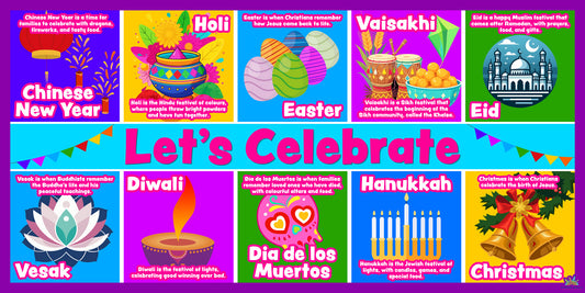 Colourful learning board showing world festivals and celebrations with illustrations of cultural symbols and traditions.