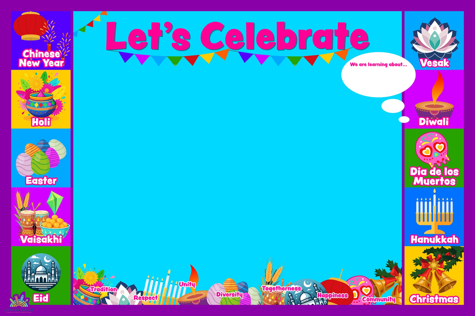 Festival and celebration-themed vinyl display for primary classrooms featuring world festivals and a bright space for student work.