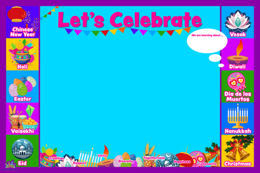 Festival and celebration-themed vinyl display for primary classrooms featuring world festivals and a bright space for student work.