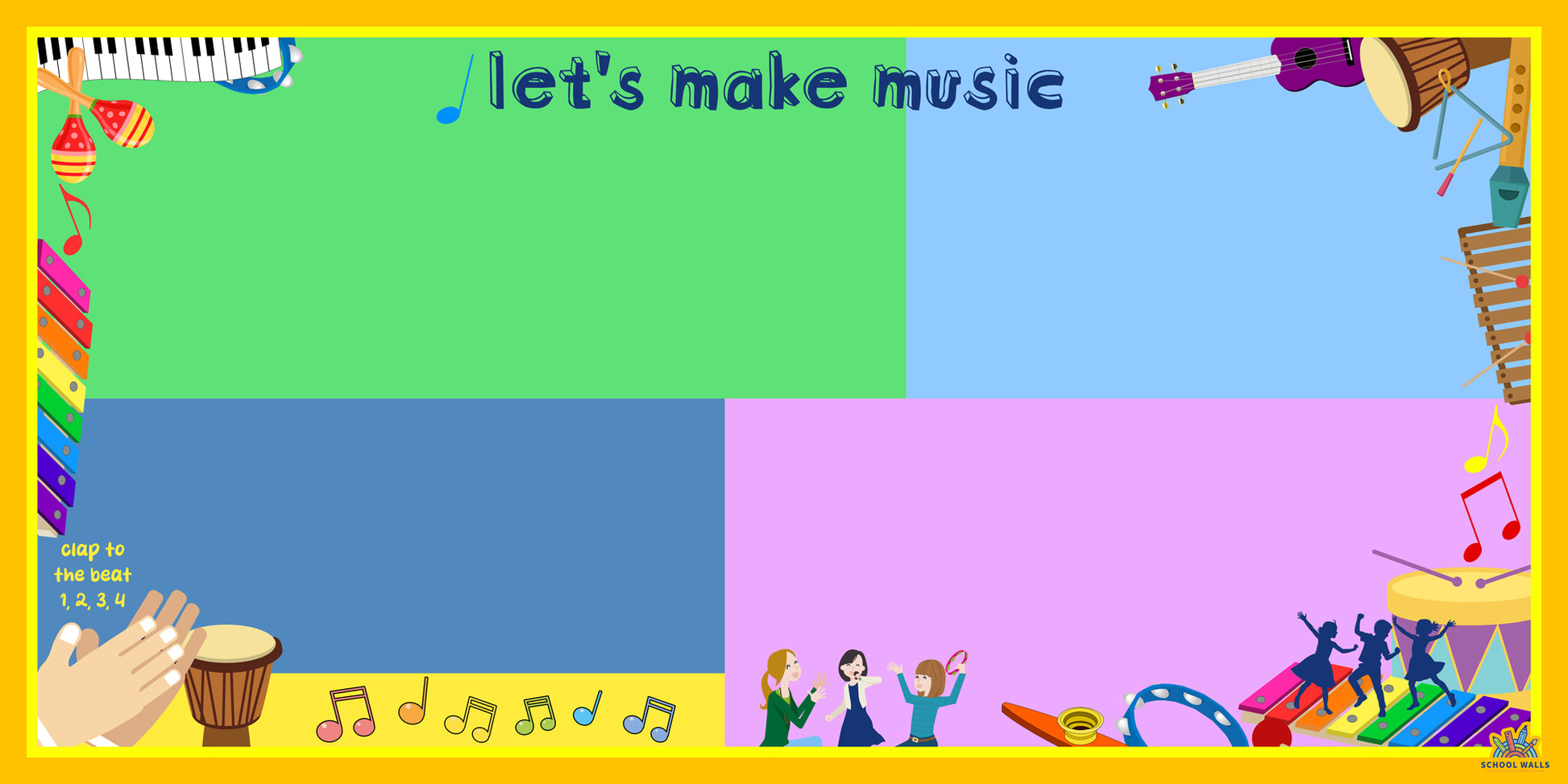Music-themed vinyl display with bright colour blocks, musical instruments and space for student work, ideal for primary music classrooms.
