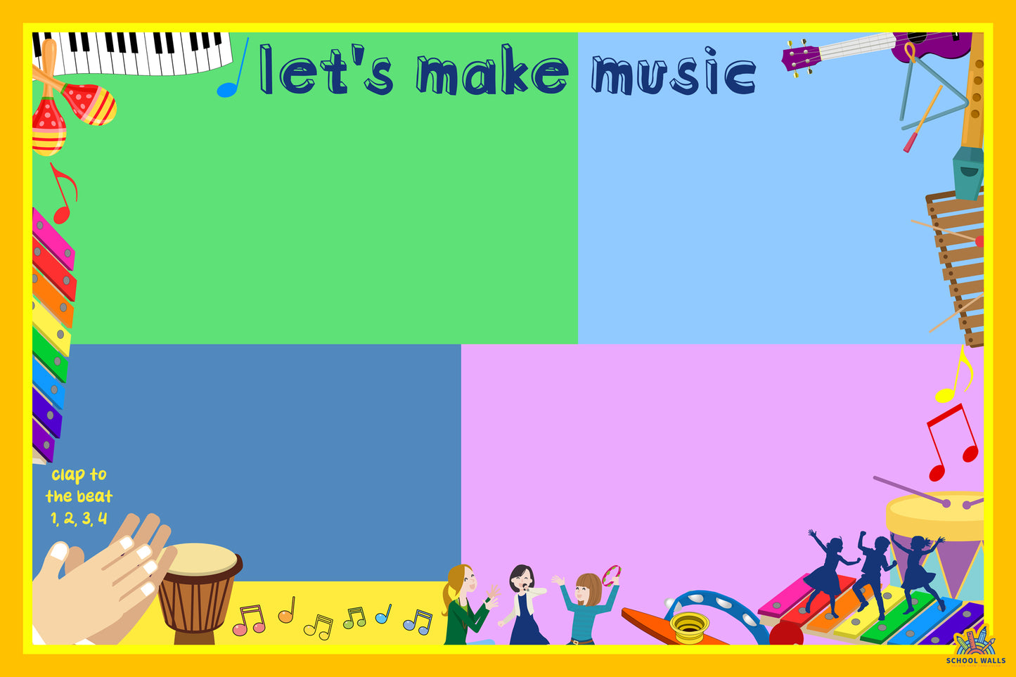Music-themed vinyl display with bright colour blocks, musical instruments and space for student work, ideal for primary music classrooms.