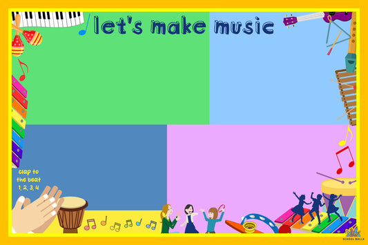 Music-themed vinyl display with bright colour blocks, musical instruments and space for student work, ideal for primary music classrooms.