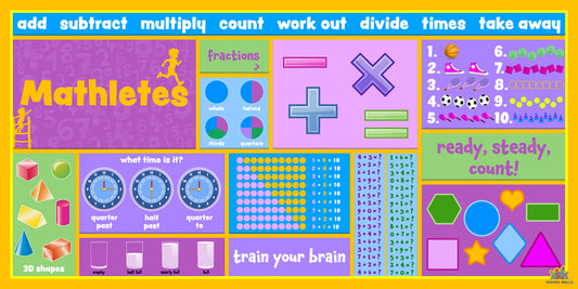 Primary maths learning board covering addition, subtraction, fractions and shapes, designed as an engaging KS1 maths classroom wall display.