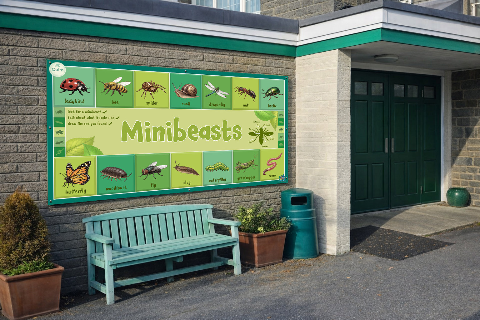 Minibeasts learning board for primary schools displaying insects and small creatures.
