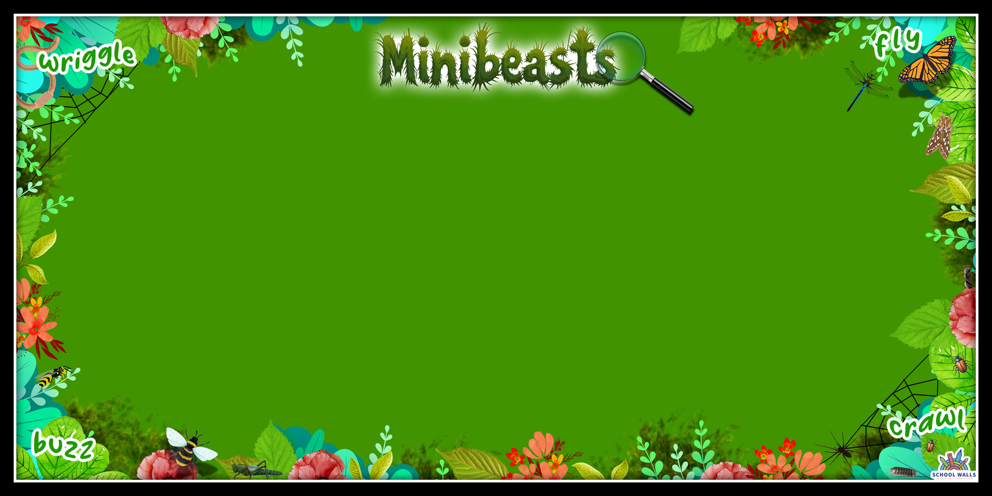 Minibeasts vinyl display with green background and illustrated insects, leaves and nature elements for primary science classrooms.