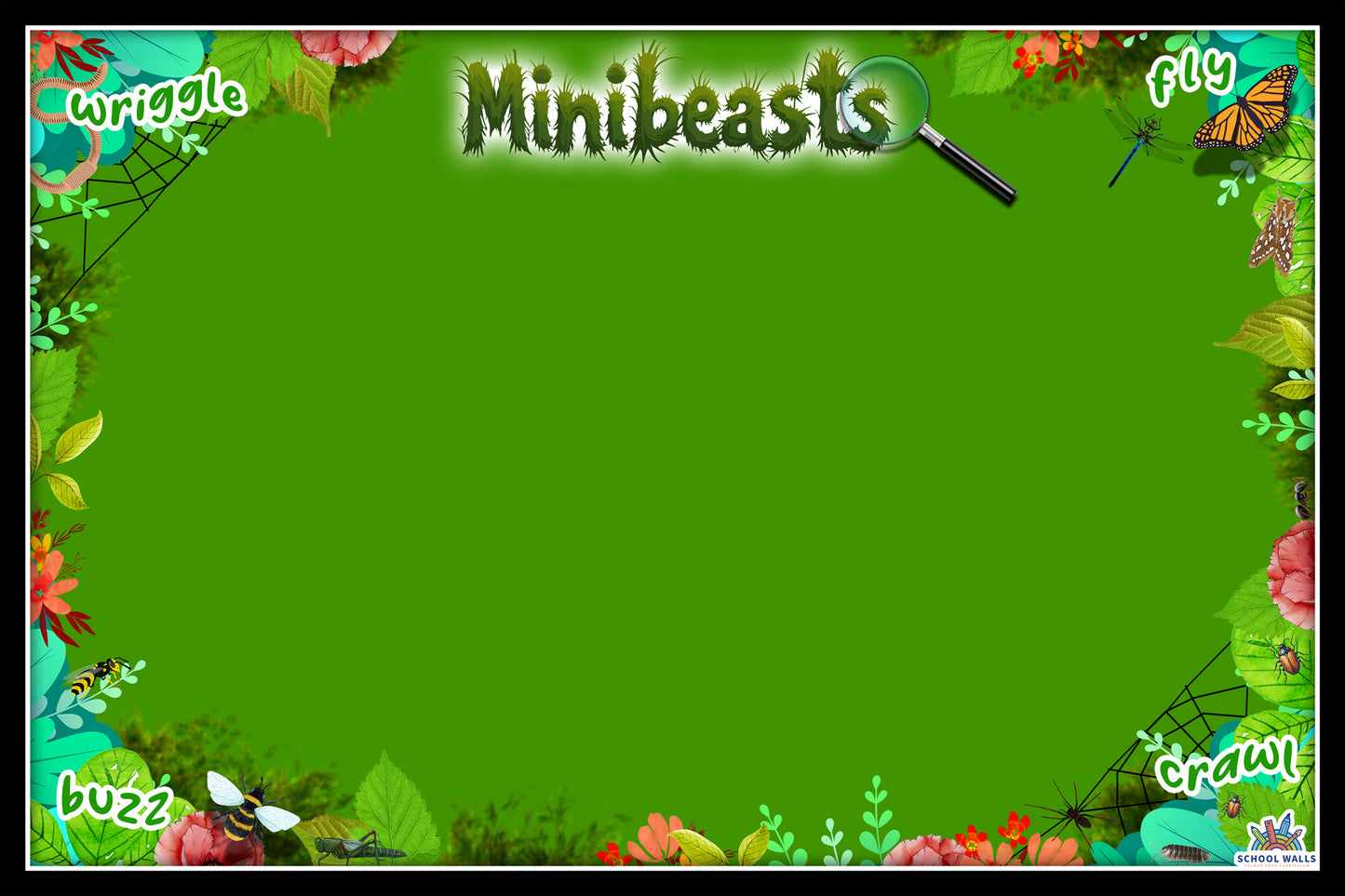 Minibeasts vinyl display with green background and illustrated insects, leaves and nature elements for primary science classrooms.