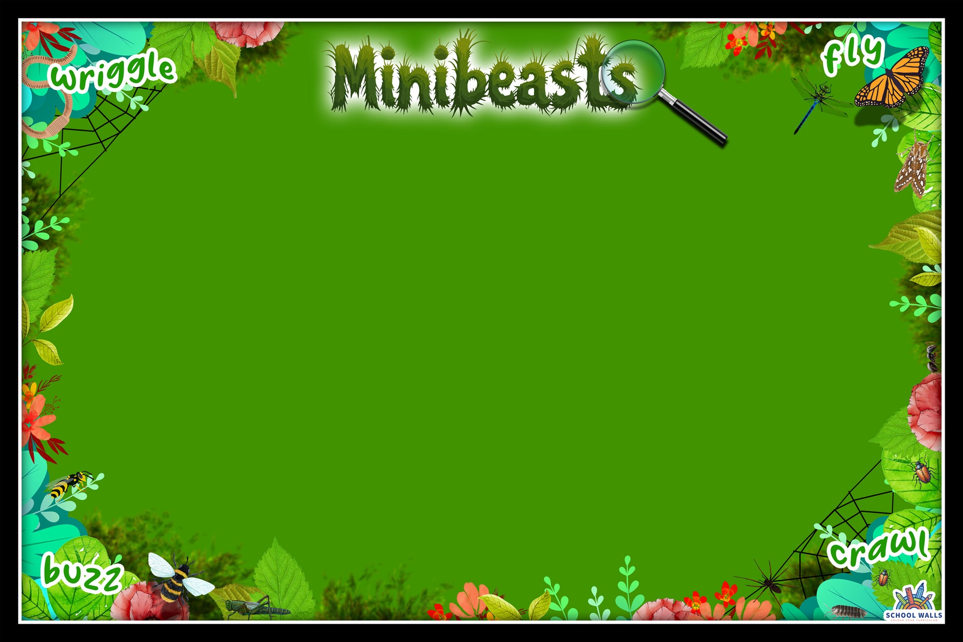 Minibeasts vinyl display with green background and illustrated insects, leaves and nature elements for primary science classrooms.