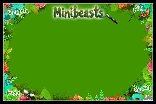 Minibeasts vinyl display with green background and illustrated insects, leaves and nature elements for primary science classrooms.