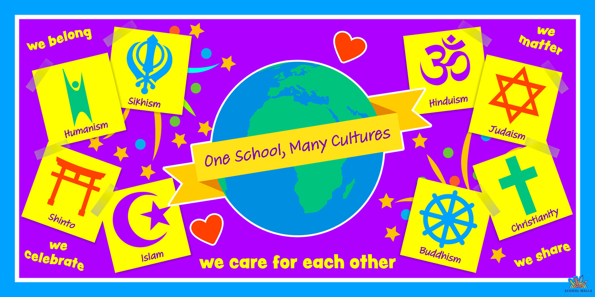 Diversity and religion learning board for primary schools showing world faith symbols and the message ‘One School, Many Cultures’, ideal for RE and PSHE displays.