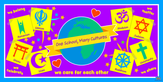 Diversity and religion learning board for primary schools showing world faith symbols and the message ‘One School, Many Cultures’, ideal for RE and PSHE displays.