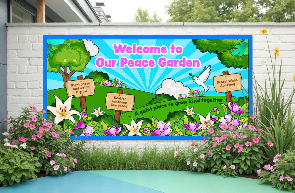 Peace garden display board for primary schools with flowers, trees and kindness messages, ideal for outdoor learning areas or wellbeing spaces.”