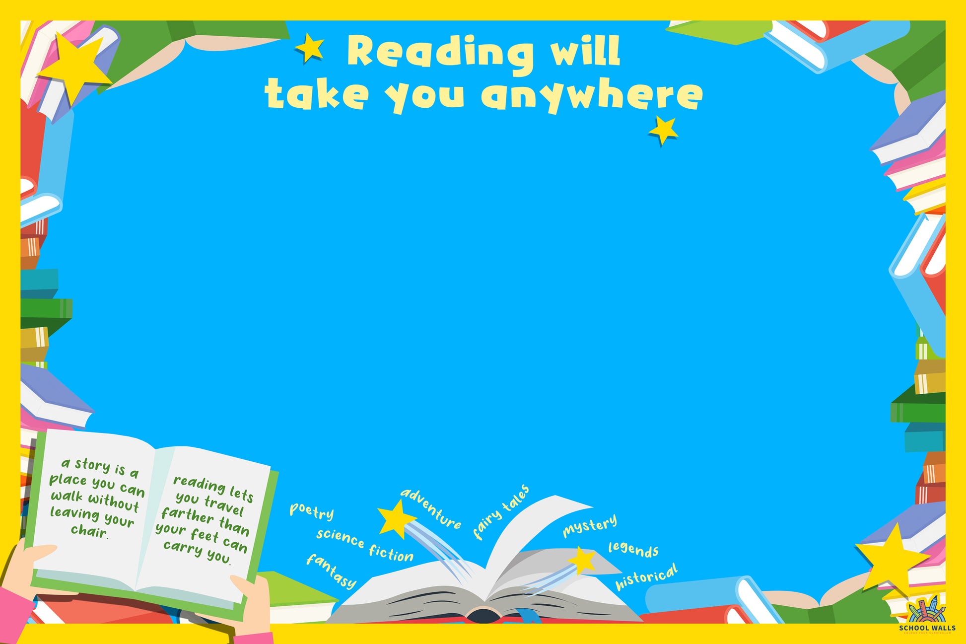 Reading-themed vinyl display with an open book, colourful stacked books and space for work, designed for primary school reading corners.