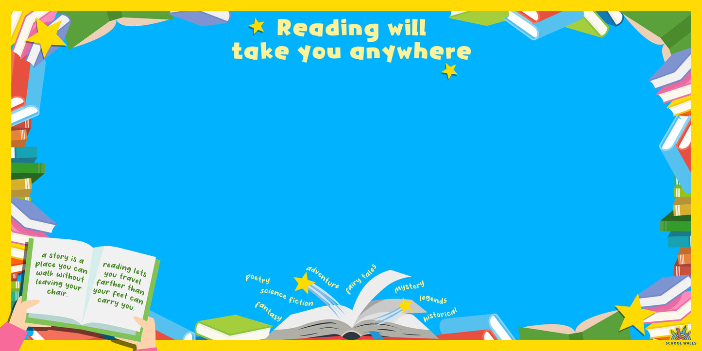 Reading-themed vinyl display with an open book, colourful stacked books and space for work, designed for primary school reading corners.