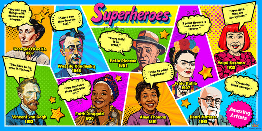 Primary school display of famous artists with superhero-themed text and graphics. Ideal for KS1 and KS2.
