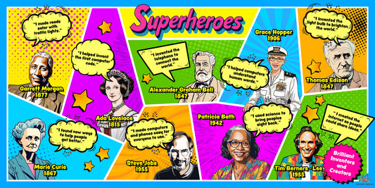 Comic-style primary school learning board showing influential historical figures as superheroes, with bright illustrations and inspirational messages.